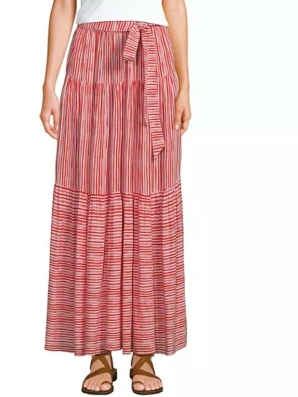 Lands End Skirt Womens L Large Red White Tiered Ecovero Striped Waist Tie Maxi